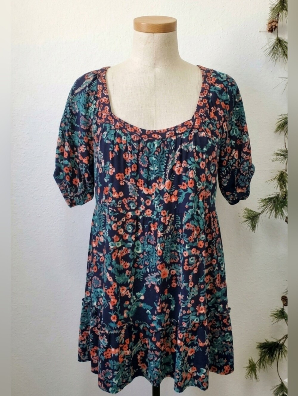 Bila 77 Tiered Boho Peasant Dress Navy Floral Rayon Size Medium
